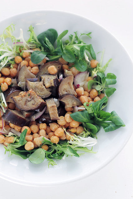 Aubergines, Chickpeas and Mixed Leaves