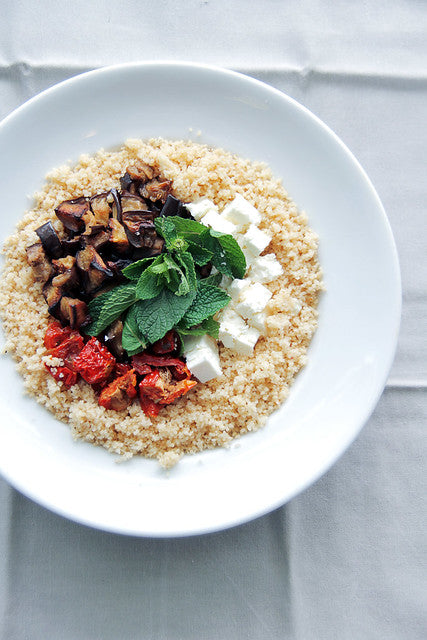 Roasted aubergine, feta cheese and sun dried tomato Salad